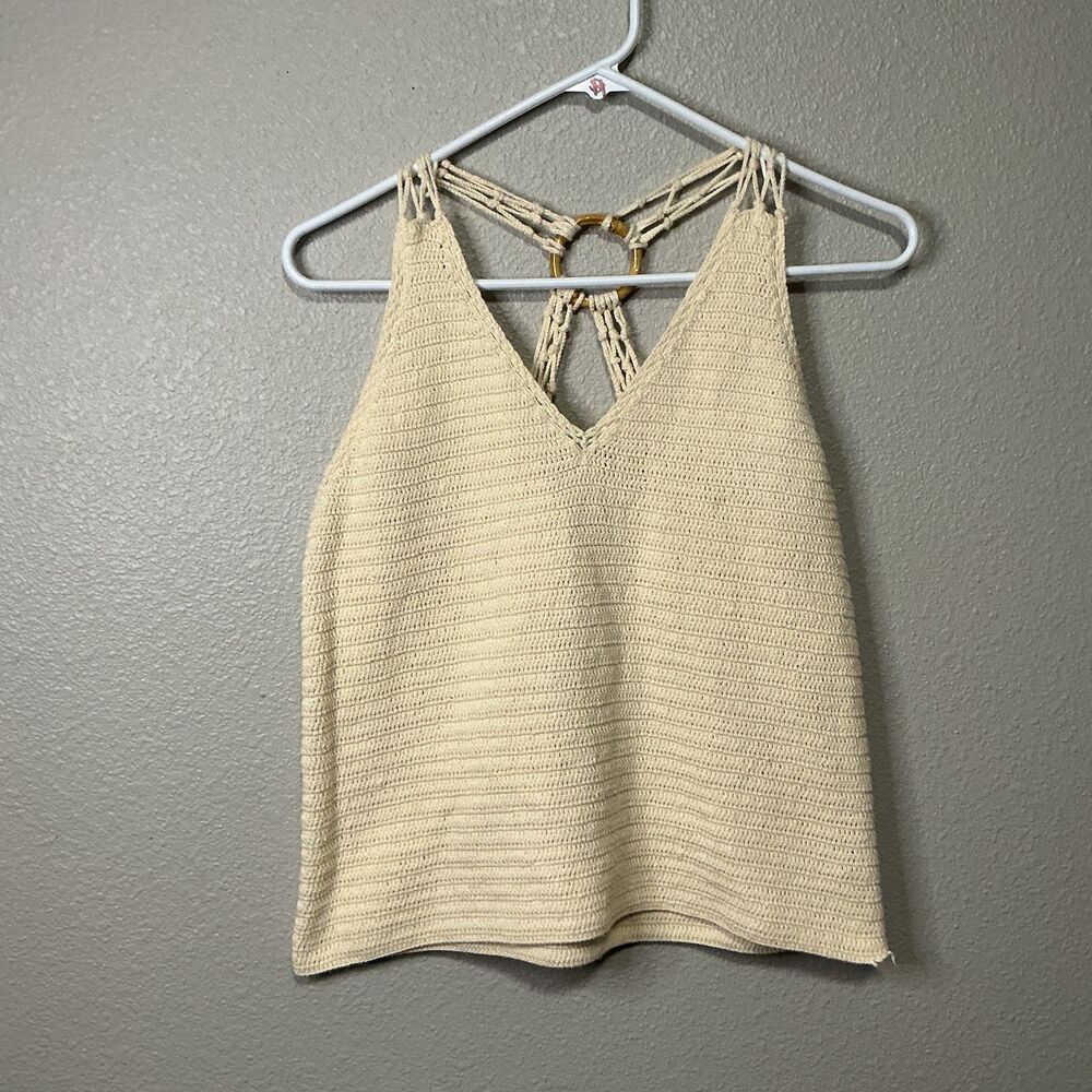 Lauren Ralph Lauren Crochet Knit Halter Top Small Cream Ring Back Boho Y2K